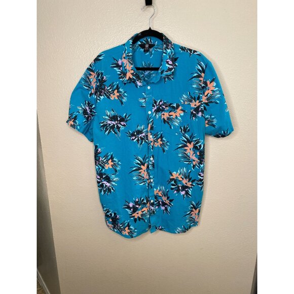 Volcom Mens Button-Up Hawaiian Shirt  XXL Teal Tropical Floral Pattern Casual - Picture 1 of 7